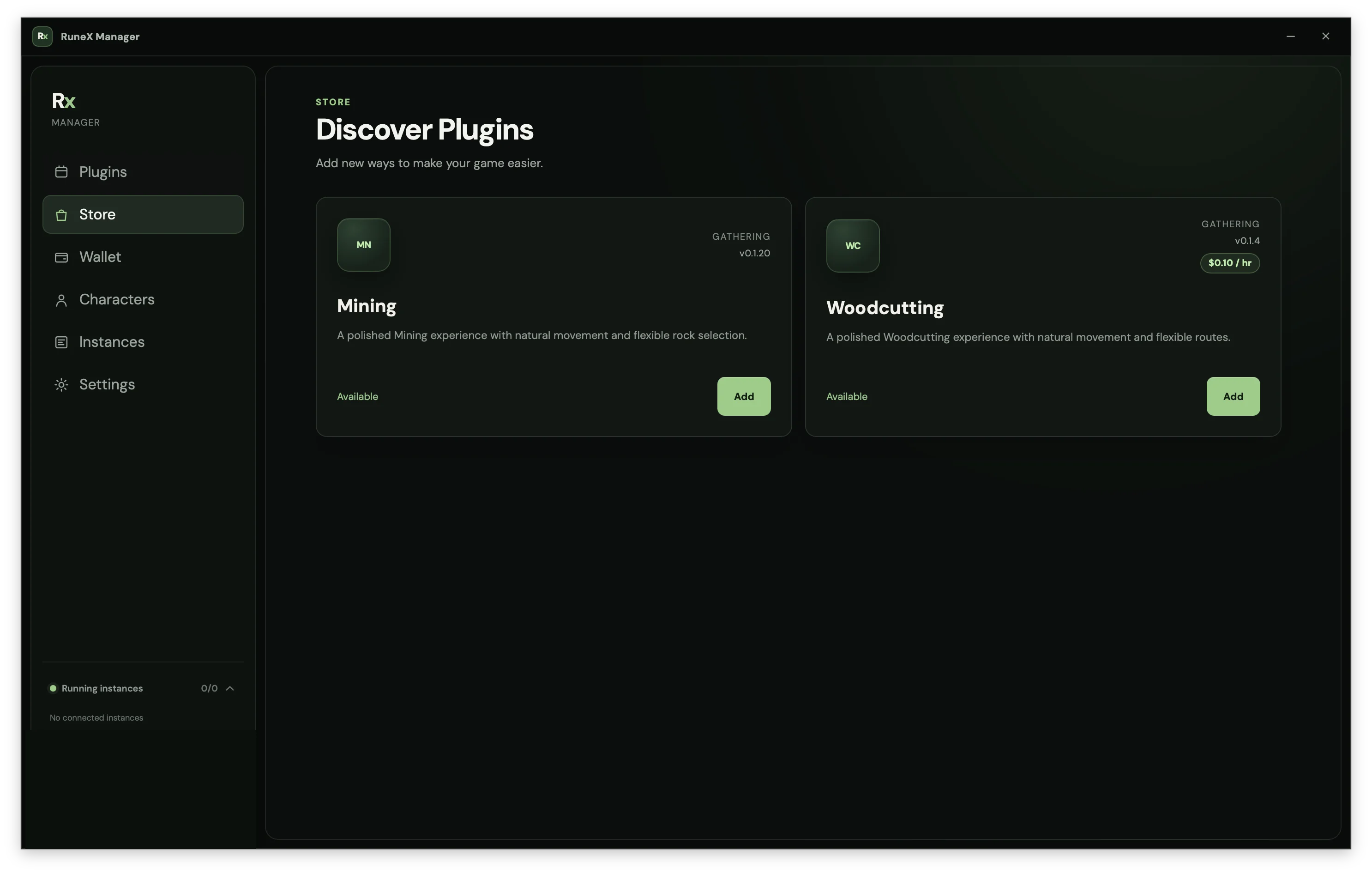 RuneX App Store showing available Mining and Woodcutting plugins